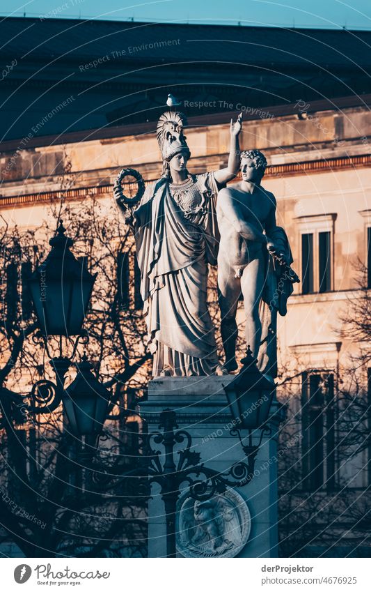 Statues of the castle bridge and museum island in the background Trip Tourism Copy Space middle touristic City life Contrast Copy Space bottom upside down