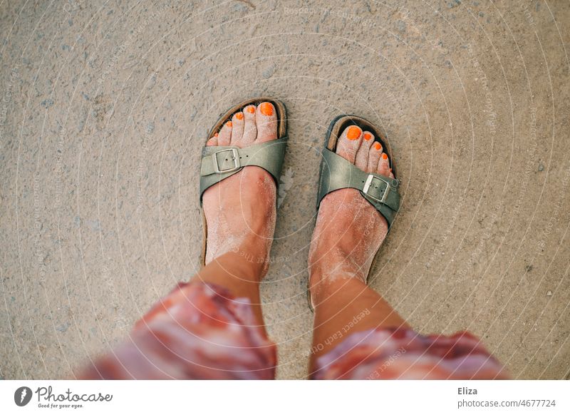 Sandy feet in sandals on the beach sandy vacation Vacation mood Sandals birch stock Vacation & Travel Summer Beach Woman Green Feet Legs Summer vacation