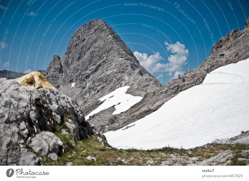 path marking Beautiful weather Snow Alps Mountain Peak Hiking Blue Gray White Road marking Footpath Side Colour photo Exterior shot Day