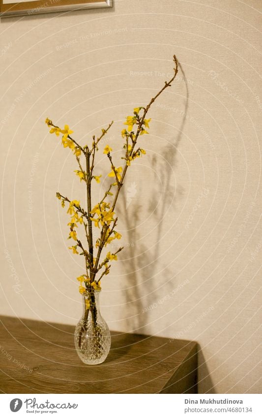 Light and airy photo of three yellow spring flowers bouquet in a small vase on coffee table isolated on beige neutral color background. Floral vertical home decor interior backdrop. Romantic surprise.