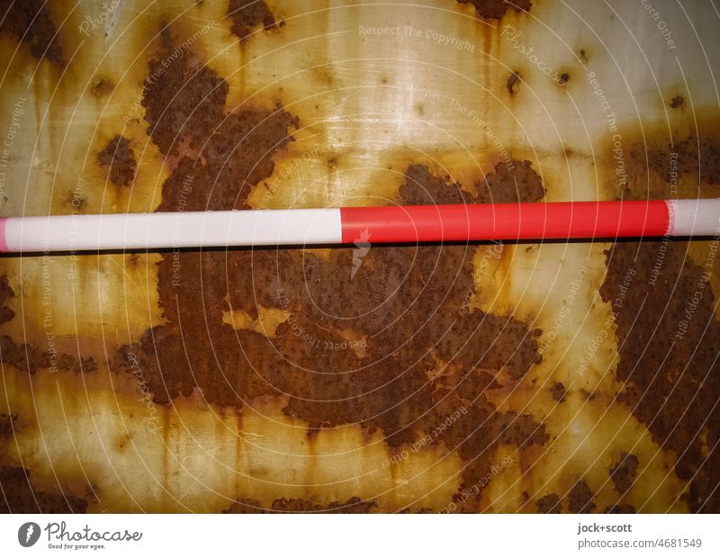 spatial barrier but the rust gnaws inexorably barrier tape cordon Reddish white Surface Rust Background picture Old Corrosion Ravages of time corroded Change