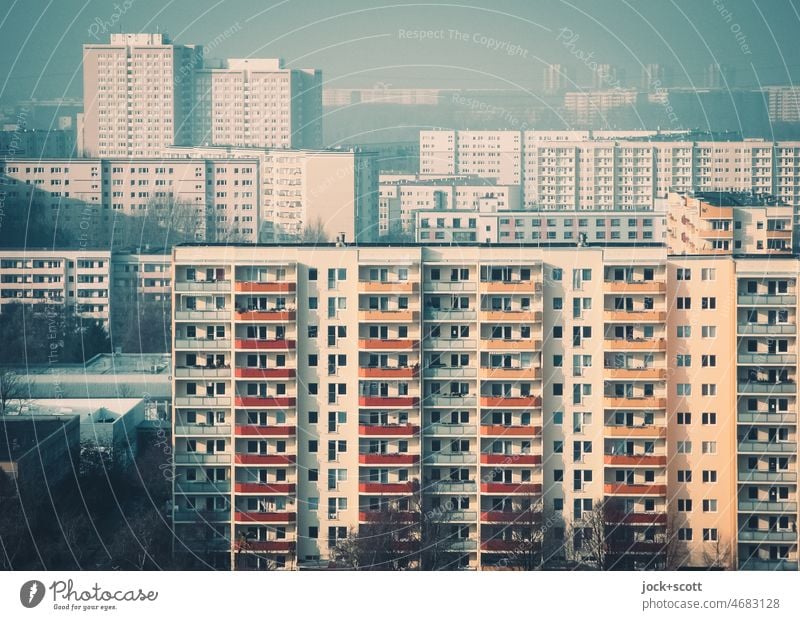 View over redeveloped large housing estate Prefab construction High-rise Facade GDR architecture Marzahn Berlin dreariness Tower block Bird's-eye view Authentic