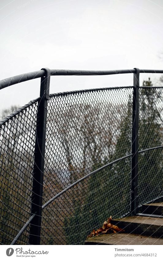 Metal mesh as fuse wickerwork Wire Fence rail Backup staircase stagger Tower Sky Clouds Forest Upward Stairs Deserted stair treads