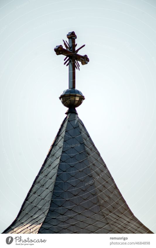 The tower of the Vaca monastery. Spire agains the clear sky. 2019 Crisan Ribita Romania abbey architecture blue building christian christianity church convent