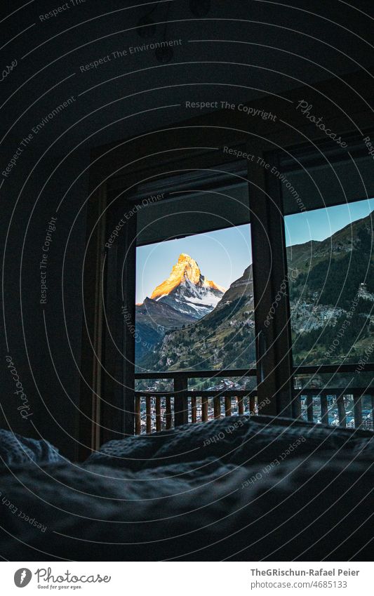 Matterhorn view from room Zermatt Mountain Switzerland Tourism Snow Majestic mountains Peak Canton Wallis Landscape Landmark Rock Sunrise