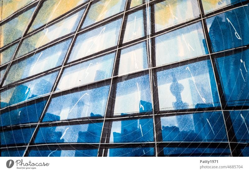 Abstract architecture sketch. Reflective glass facade of office building from frog perspective. Architecture Glas facade Office building Modern Worm's-eye view