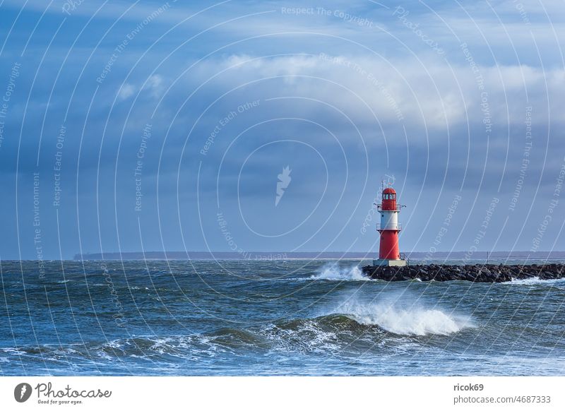 Pier on the Baltic coast in Warnemünde during storm Zeynep Baltic Sea Mole Ocean Warnemuende Rostock Lighthouse pier light Mecklenburg-Western Pomerania Gale