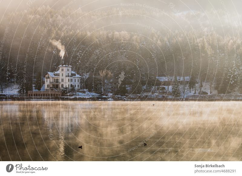 Villa Castiglione at Grundlsee, Austria on a winter morning Lock Lake Grundlsee Styria Salzkammergut Ausseerland Winter in the morning Morning Morning fog Light