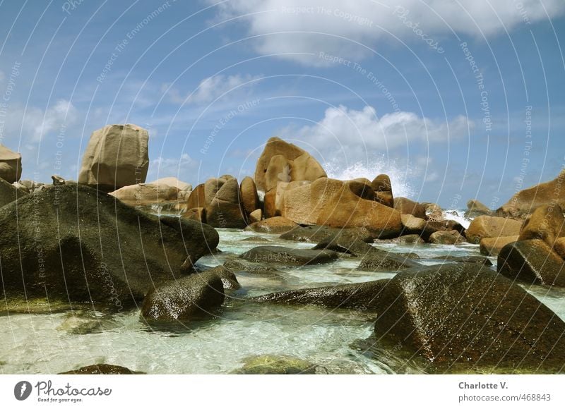 Rocky Landscape Water Sky Clouds Summer Beautiful weather Ocean Granite Stone Fantastic Gigantic Wet Warmth Wild Blue Brown Turquoise White Power Calm Endurance