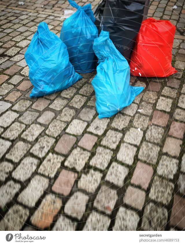 Old bags meeting (do not go limp now) Trash Dirty Trash container Sack Waste management Exterior shot Colour photo Throw away Recycling Environment