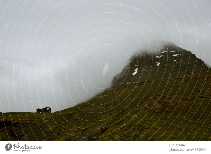 Iceland House (Residential Structure) Mountain mountains Clouds Nature Landscape Moody Wild Ruin Climate naturally Threat Dark Cold Sky Elements Impressive