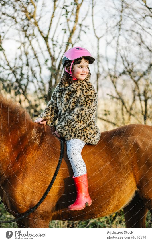 Girl riding horse in countryside girl kid ride childhood animal horseback practice leisure pastime equine mammal domesticated breed zoology cute mane obedient