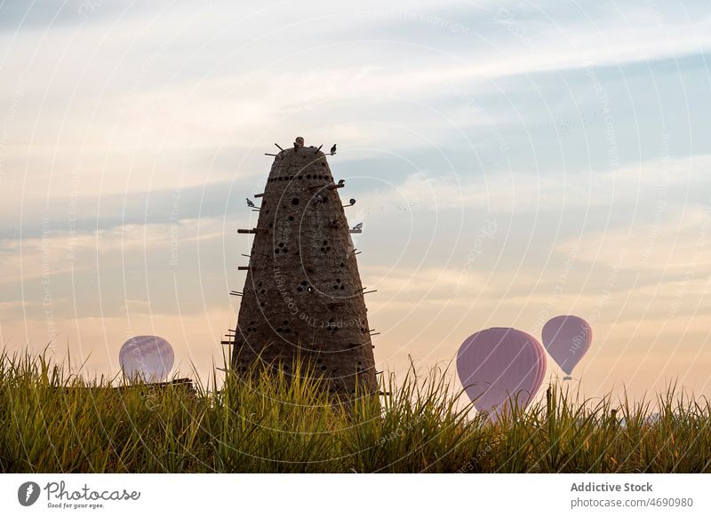 Bird tower on field near air balloons bird pigeon nesting egyptian culture hole architecture house stone wall building construction structure stick tall flock