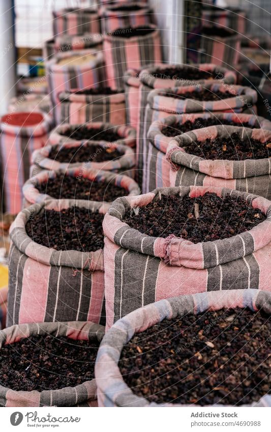 Various seasoning on local market spice condiment flavoring bazaar assorted sell exotic stack street aromatic sack city egypt colorful multicolored various