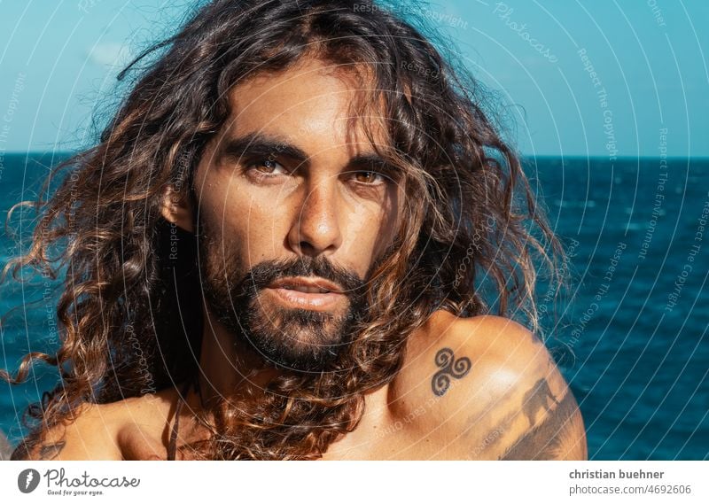 portraits of a 35 year old man with long hair Man Young man long hairs curly hair naked torso Naked Latin lover erotic Hippie self-sufficient Facial hair