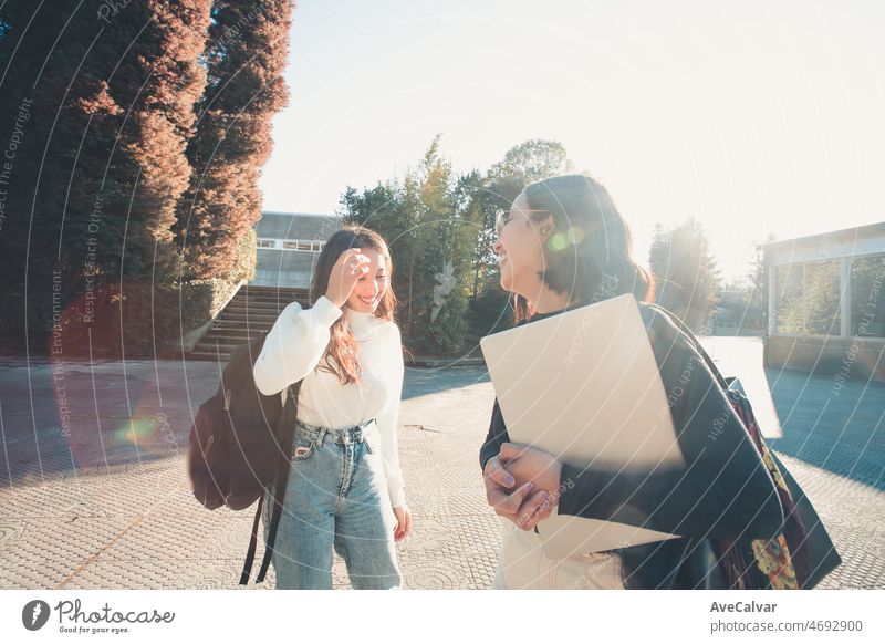 Two woman colleges reunite outside the class at the university campus to talk about the weekend holiday and share anecdotes Learning with friends new at the campus. Fraternity sorority concept