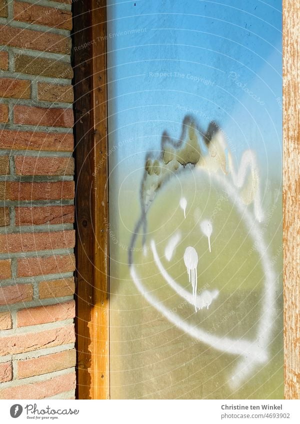 Graffito / friendly face on the window pane of a bus stop Face Smiling face Facial expression grinning Joy Happiness Congenial Friendliness look Pictogram