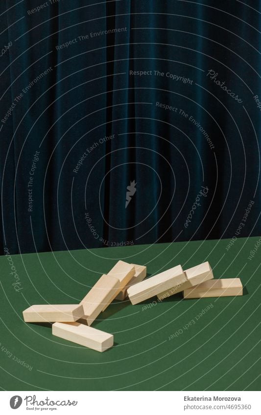 The path of wooden blocks, concept of balance, balance, life harmony, self-destruction. Mental health, fall and depression abstract modern still life confused