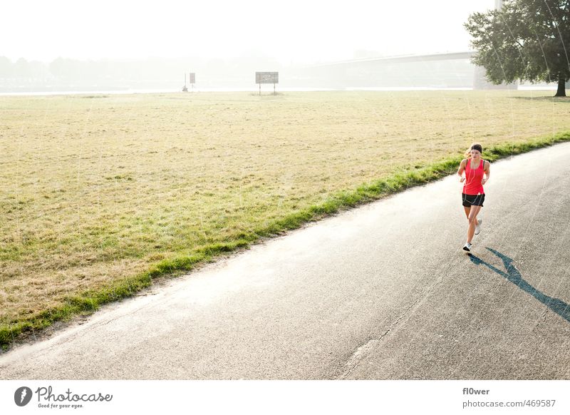 Woman jogging on the street in the green on the Rhine with backlight Sports Fitness Sports Training Jogging Feminine Young woman Youth (Young adults) 1