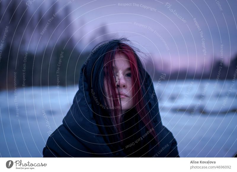 match your hair with the sky Portrait photograph Colour photo dark hair cold weather pink sky blue sky blurry background self portrait Human being Woman