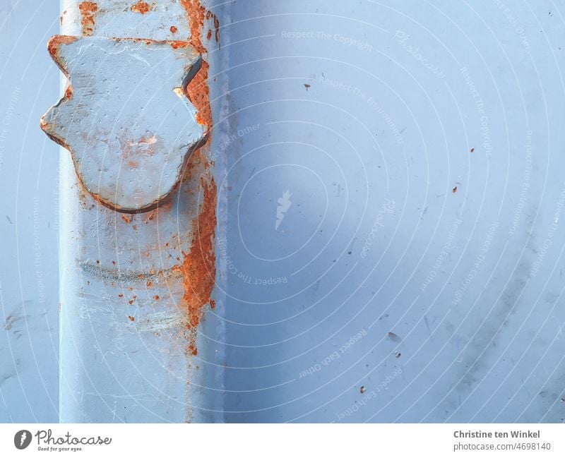 Detail of a blue container with rust traces Metal Rust rusty Blue Container Metal container light blue Copy Space right Old Structures and shapes worn-out