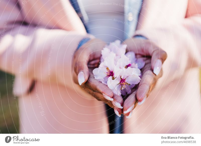 close up of woman holding pink almond tree flowers. Spring time, nature afro hispanic spring portrait colorful curly hair lifestyle young blooming yellow people