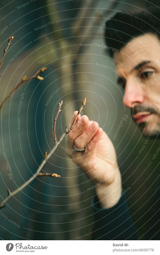 Man looking at the first buds of a tree in springtime look at Growth Tree Spring Nature Fascinating Garden Plant spellbound Observe