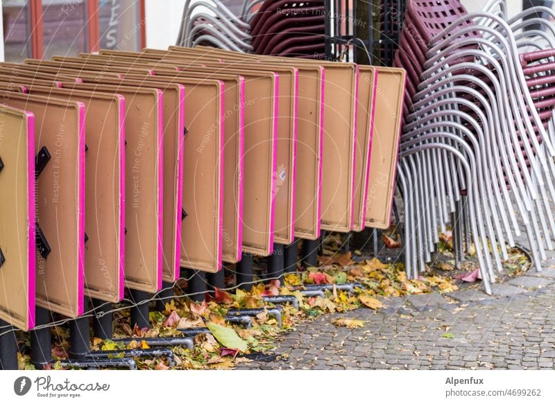 Color contest | pink tables and purple chairs Seating Empty Gastronomy Deserted Closed Chair Café Furniture Restaurant Sidewalk café Colour photo Exterior shot