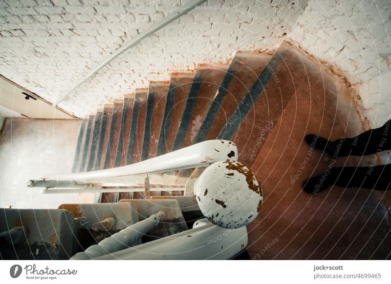 arrived at the top of the stairs Stairs Architecture Wide angle Legs Bird's-eye view Banister Old White Canceled worn-out Staircase (Hallway) Landing Above