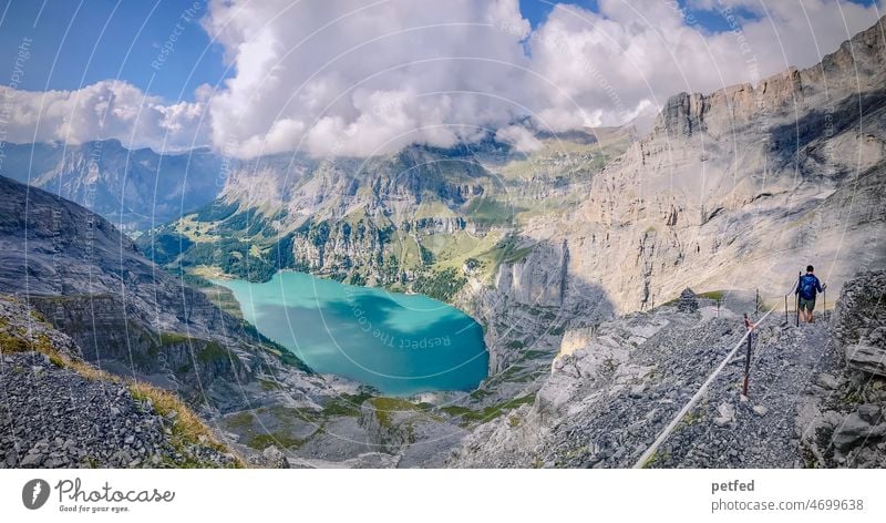 Hiking at Lake Oeschinen Mountain Landscape Nature Swiss Alps Switzerland Summer Europe outdoor hike Exterior shot Blue Panorama (View) hiking trail