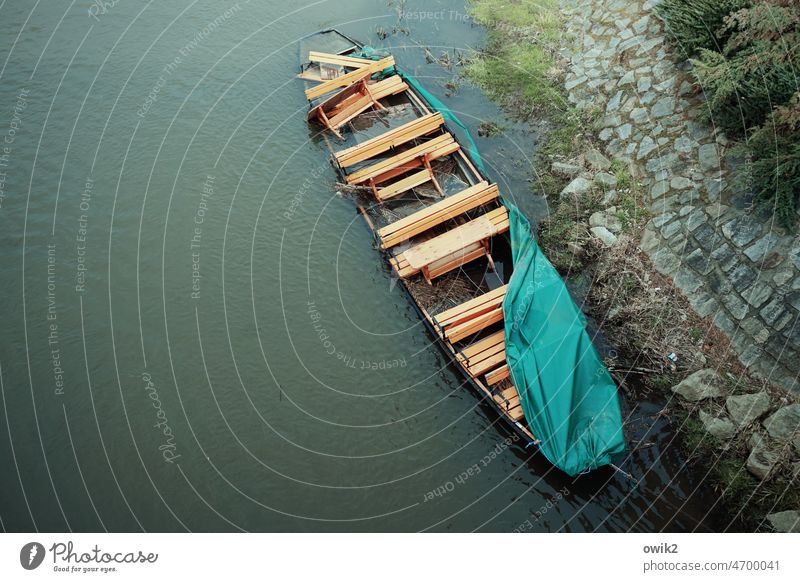 Show Boat Motor barge boat dilapidated downfall Broken broken Long shot Bird's-eye view Deserted Copy Space left Copy Space bottom Copy Space right