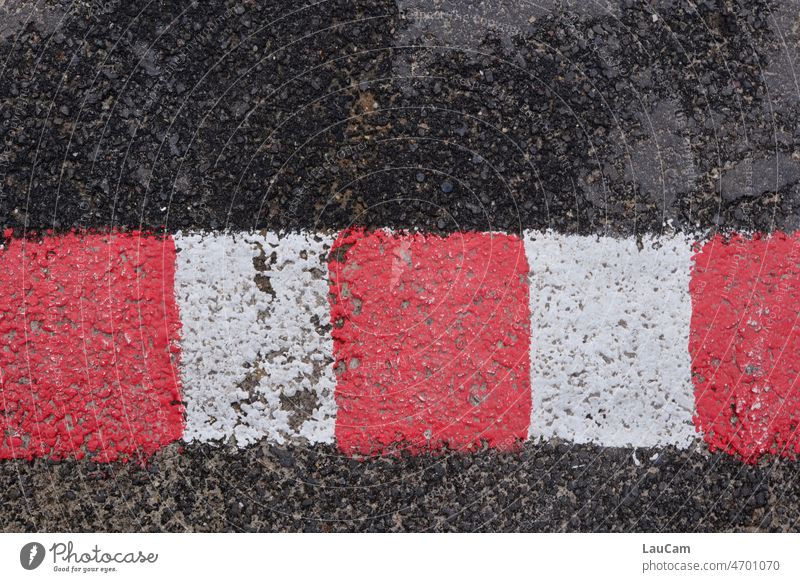 Not a step further - red and white marking on gray asphalt Boundary Boundary line cordon Marker line Asphalt White Red Lane markings Street Transport