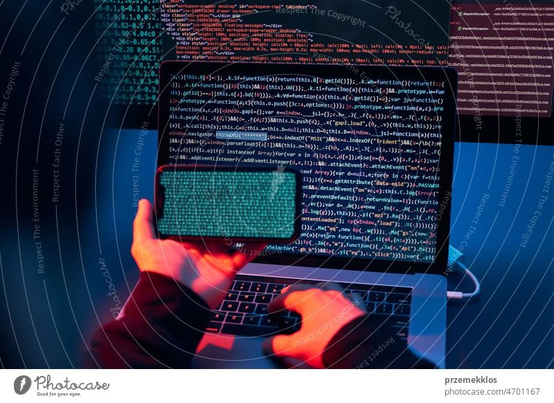 Man using computer and programming  to break code. Cyber security threat. Internet and network security. Stealing private information. Person using technology to steal password and private data