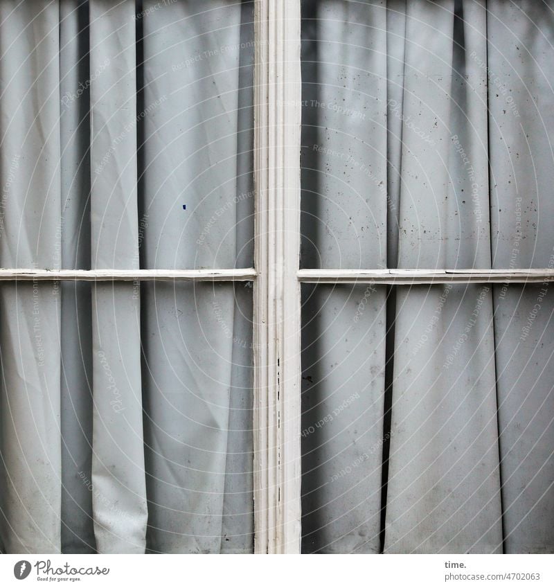 wrinkled | and tight is the look Window Drape curtains Cloth textile Closed crease Folds opaque glazing bar too window glass dark white severity Heavy Old