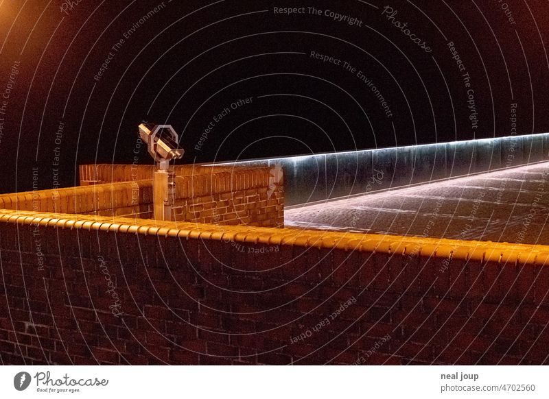 Night view of illuminated deserted waterfront with binoculars and graphic perspectives Promenande Manmade structures Wall (barrier) Platform at night