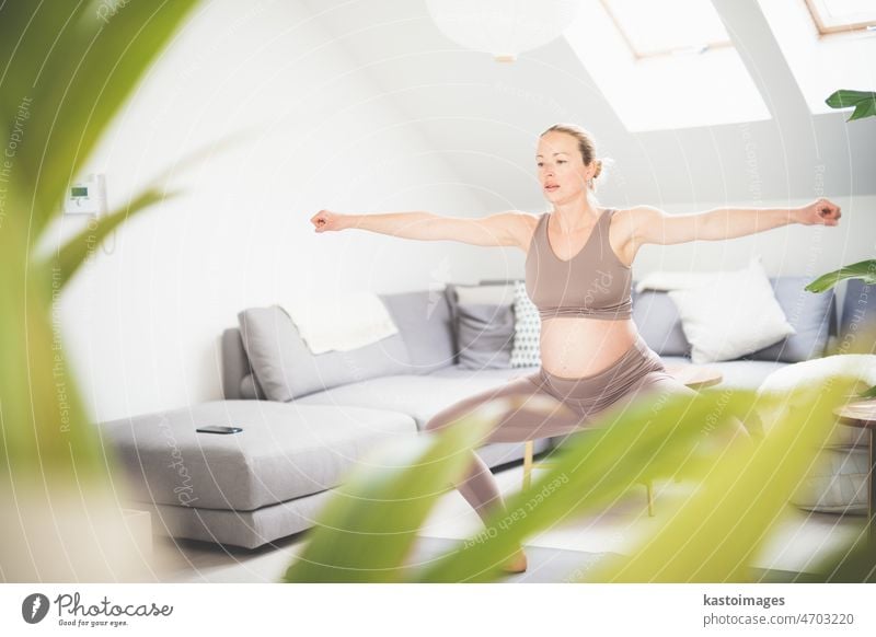 Young beautiful pregnant woman training pilates at home in her living room. Healthy lifestyle and active pregnancy and motherhood concept. yoga baby care