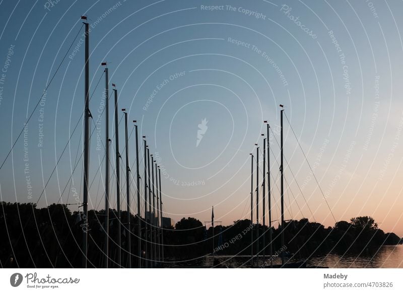 Masts of sailboats in the evening in the light of the setting sun at the boat rental at the Aasee in summer in Münster in Westphalia Dark reflectiveness