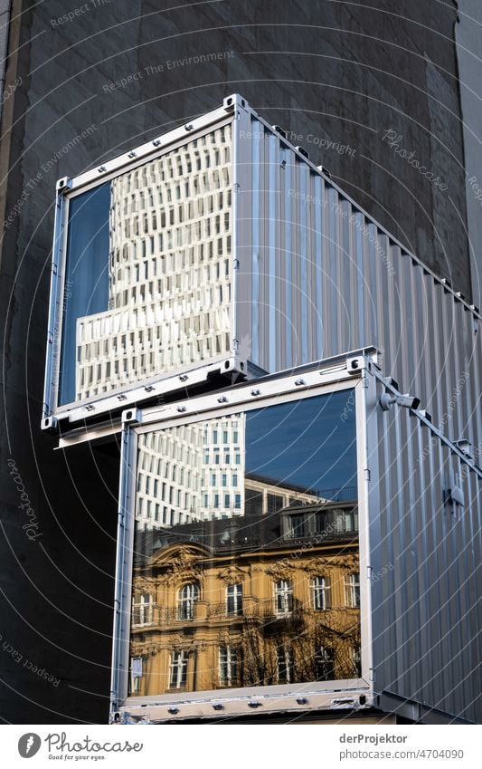 High-rise building in the reflection of a construction container in Berlin Berlin center Vacation & Travel Beautiful weather Tourism City trip Freedom