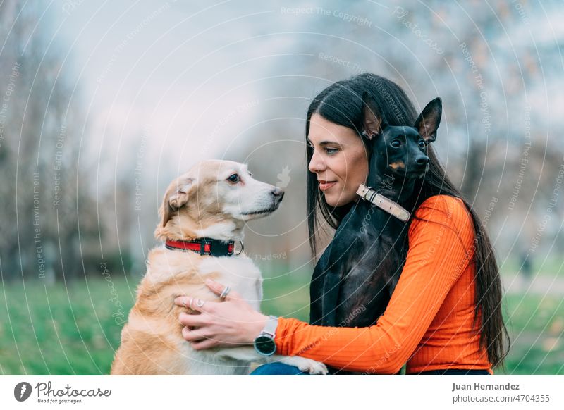 Brunette woman with her two dogs, with a gesture of tenderness. Concept, love for dog and pet brunette concept friendship puppy owner together embracing canine