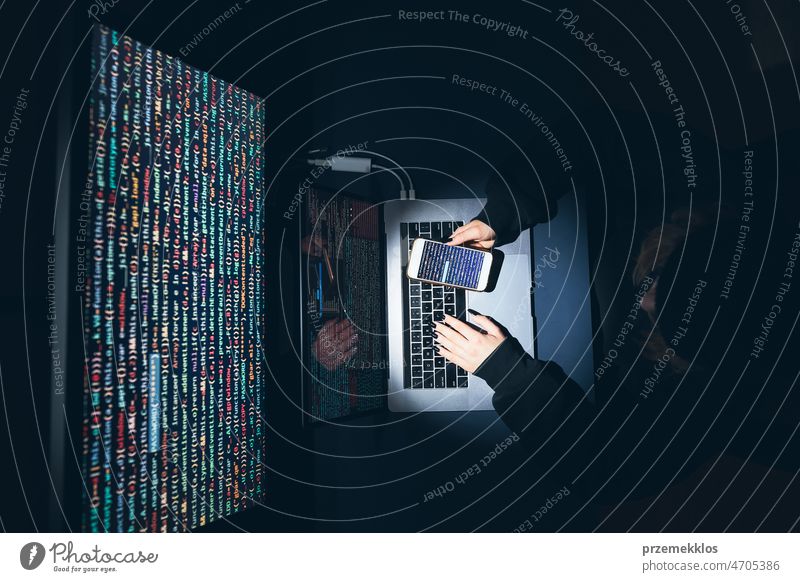 Cyber security threat. Young woman using computer and coding. Internet and network security. Stealing private information. Person using technology to steal password and private data