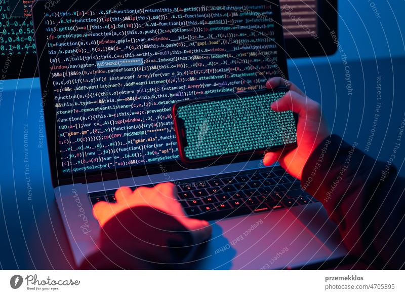 Man using computer and programming  to break code. Cyber security threat. Internet and network security. Stealing private information. Person using technology to steal password and private data