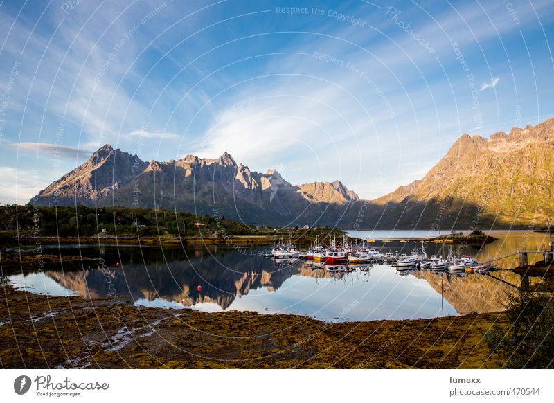 lofoten Environment Nature Landscape Clouds Sunlight Summer Beautiful weather Rock Mountain Peak Coast Bay Fjord Ocean Fishing village Fishing boat Sport boats