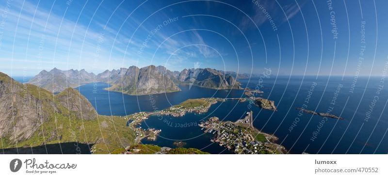 straighten up Nature Landscape Water Sky Summer Beautiful weather Rock Coast Beach Fjord Ocean Arctic Ocean Island Lofotes Lake Reine Vestvagoy Norway