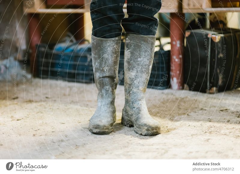 Crop farmer in dirty rubber boots standing in barn countryside rural footwear shabby trousers agriculture work weathered grunge job ranch farmland village