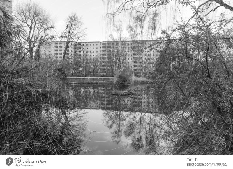 GDR prefabricated building in Berlin Prefab construction b/w bnw Ernst Thälmann Park Winter Pond Black & white photo Day Exterior shot Deserted Architecture