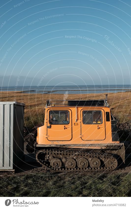 All-terrain tracked vehicle with double cab in bright orange for coastal protection in autumn in the mudflats in Bensersiel near Esen on the coast of the North Sea in East Frisia in Lower Saxony