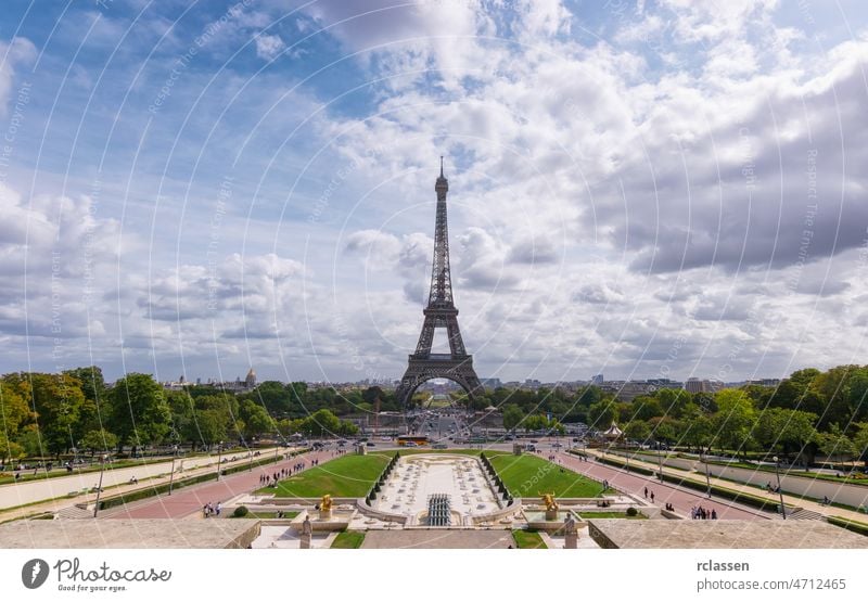 The Eiffel Tower in Paris with Fountain, France tower eiffel summer paris europe eifel trocadero france romantic eiffel tower skyline morning clouds