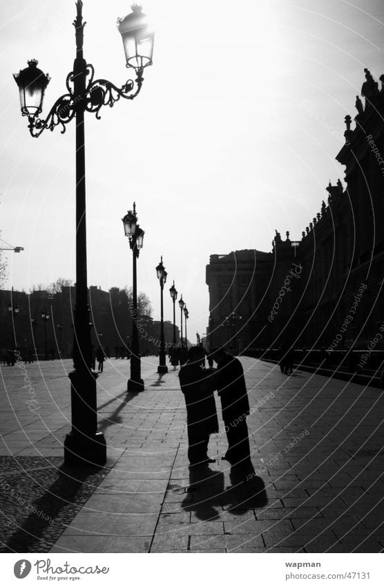 Palacio Real - Madrid Street lighting Dark Town Spain King's palace To talk Exterior shot Shadow Human being Black & white photo Contrast