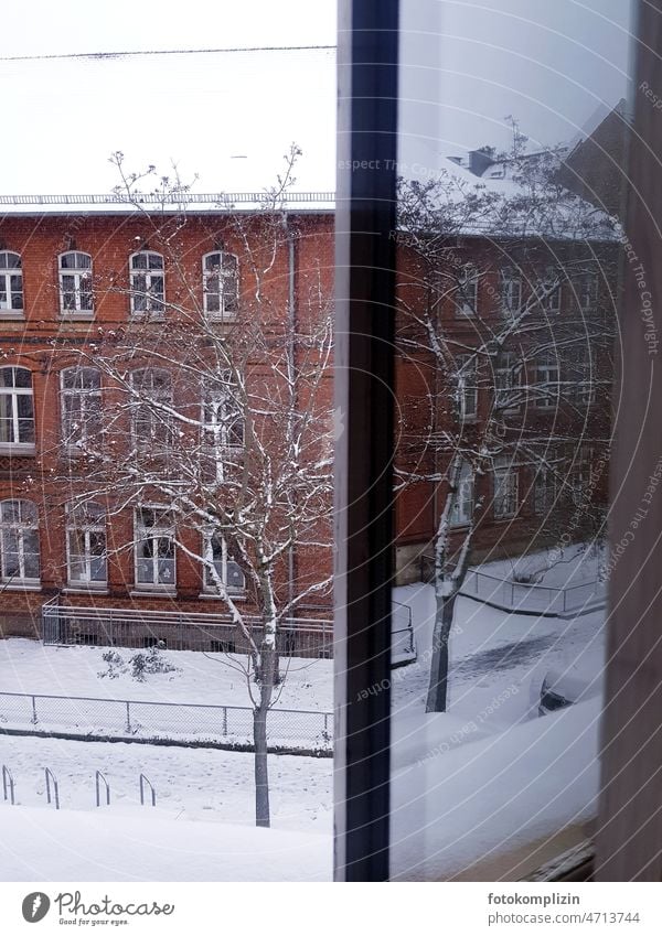 House in the snow reflected in the window House (Residential Structure) Snow Tree Brick reflection Architecture Building Reflection Window Winter Schoolhouse