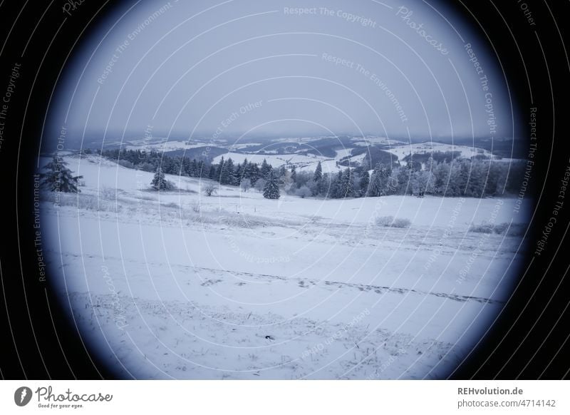 Winter landscape in the Rhön with vignette icily outlook Future Snow Ice Frozen Frost Cold winter Nature Weather Vantage point Winter's day Freeze Winter mood